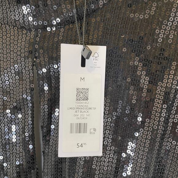 Dynamite Sequined Top Mock Neck Long Sleeve Open Back with Tie Black NWT M - Picture 5 of 7